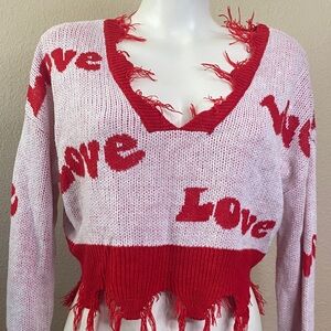 JUST POLLY brand LOVE distressed graphic crop red white sweater ❤️❤️ SMALL